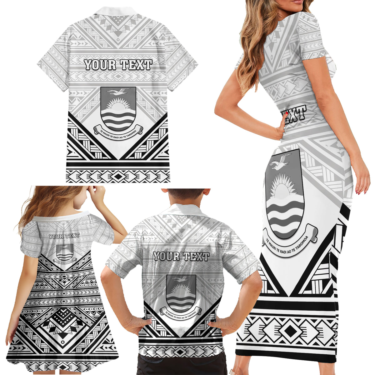 Personalised Kiribati Gospel Day Family Matching Short Sleeve Bodycon Dress and Hawaiian Shirt Coat Of Arms Polynesian Pattern