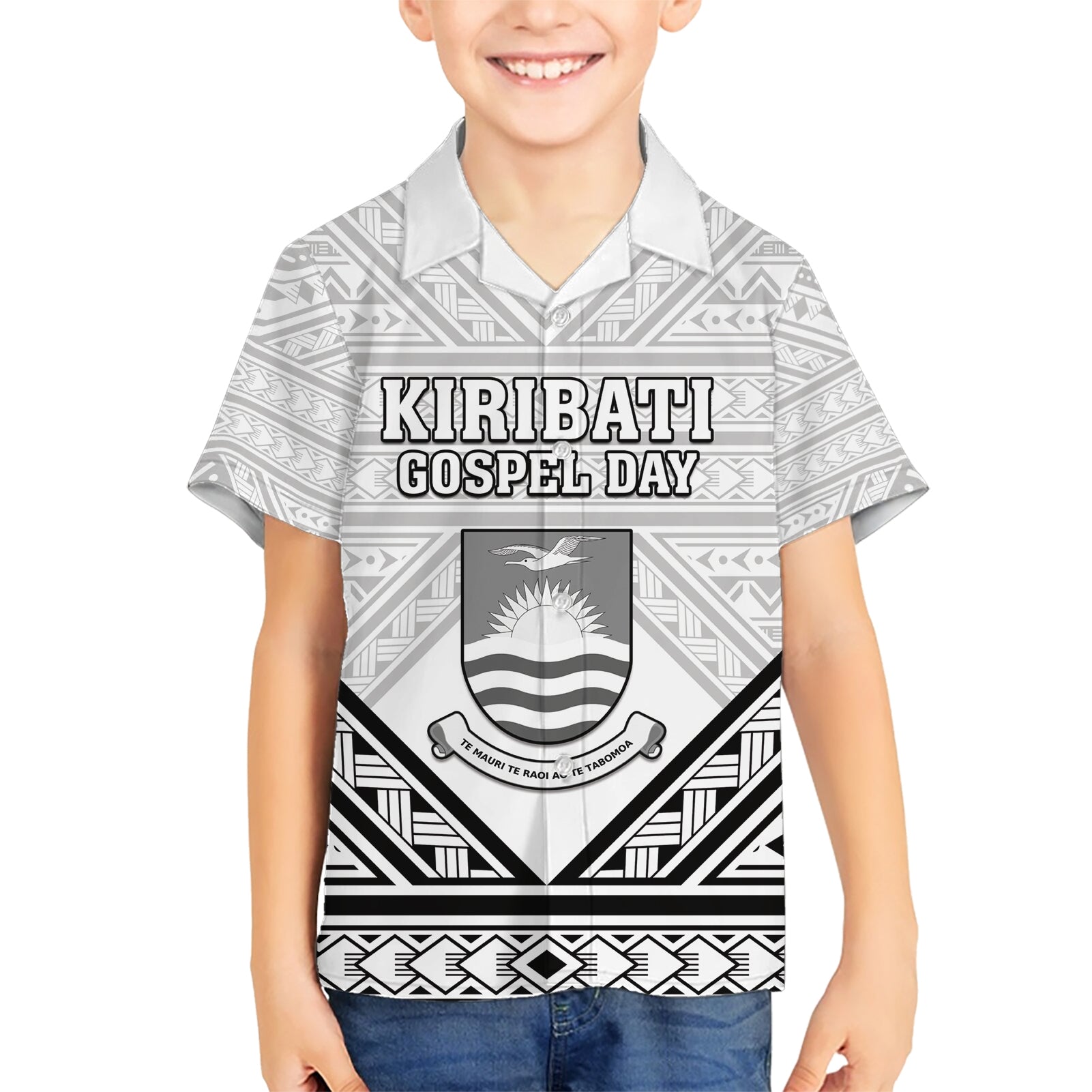 Personalised Kiribati Gospel Day Kid Hawaiian Shirt Coat Of Arms Polynesian Pattern