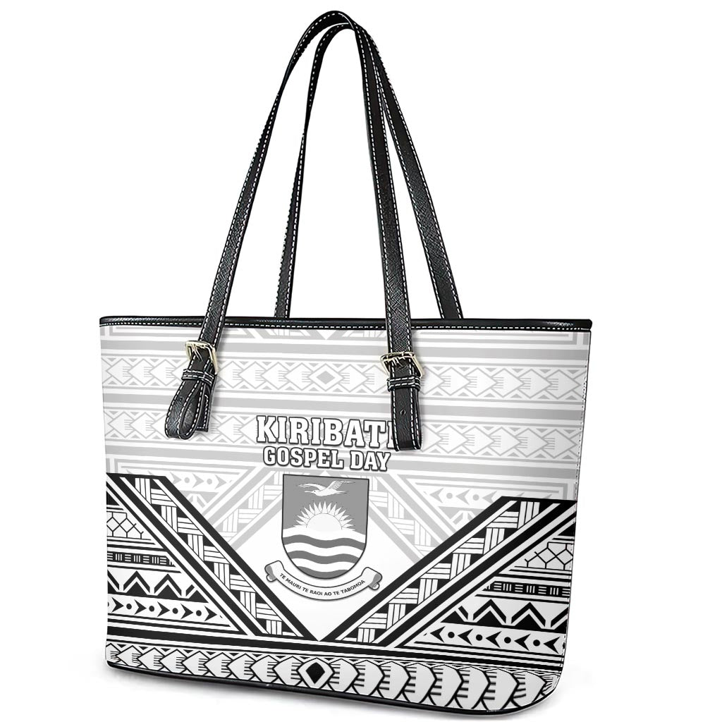 Kiribati Gospel Day Leather Tote Bag Coat Of Arms Polynesian Pattern