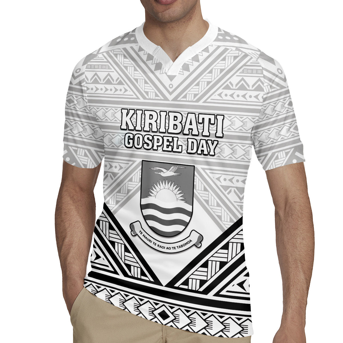Personalised Kiribati Gospel Day Rugby Jersey Coat Of Arms Polynesian Pattern