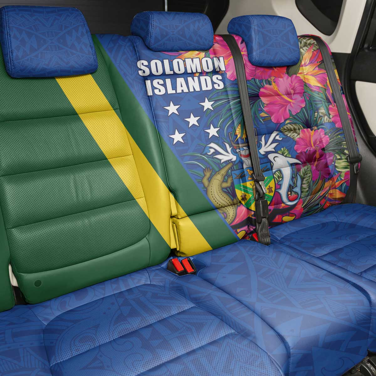 Solomon Islands Independence Day Back Car Seat Cover Coat Of Arms With Tropical Flowers