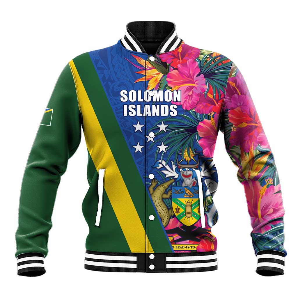 Solomon Islands Independence Day Baseball Jacket Coat Of Arms With Tropical Flowers