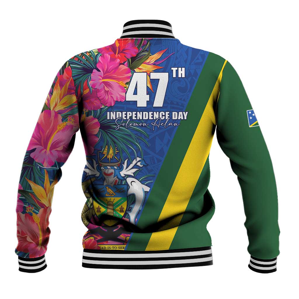Solomon Islands Independence Day Baseball Jacket Coat Of Arms With Tropical Flowers