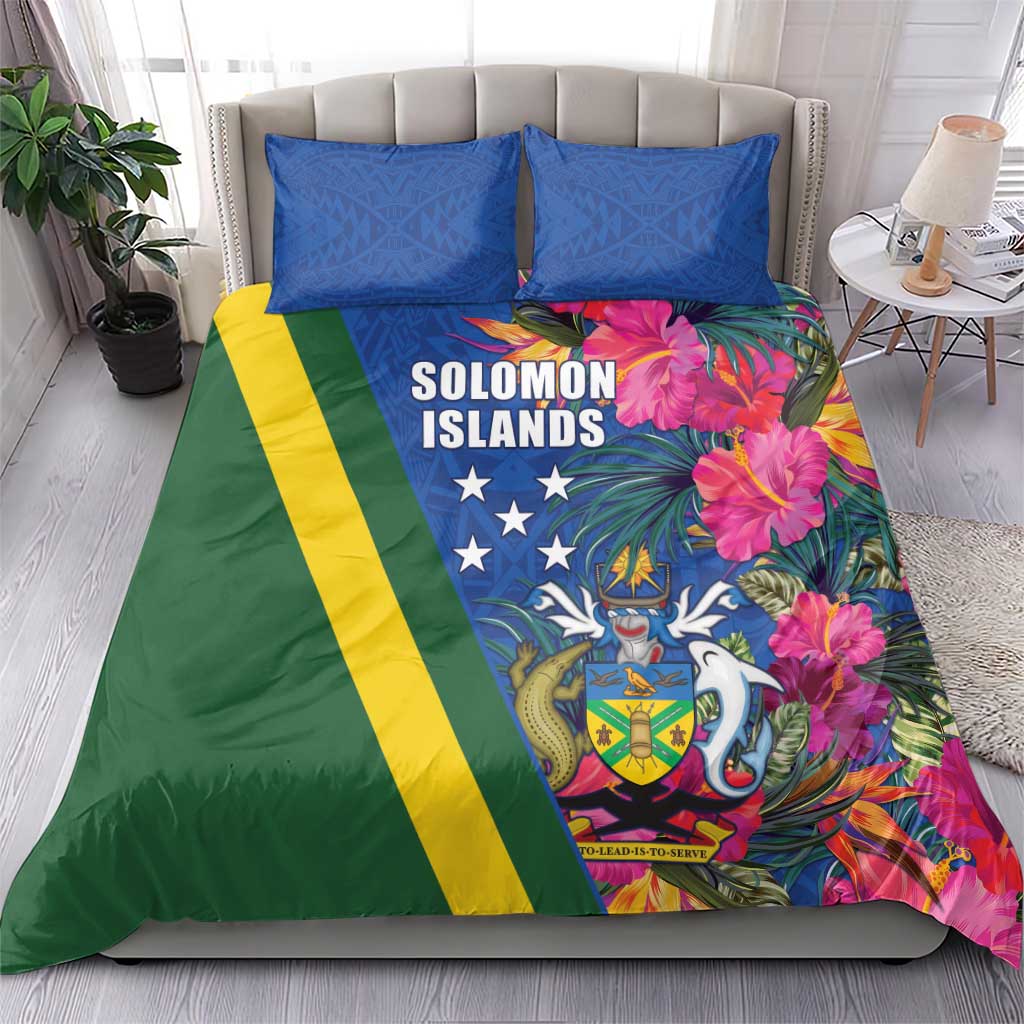 Solomon Islands Independence Day Bedding Set Coat Of Arms With Tropical Flowers