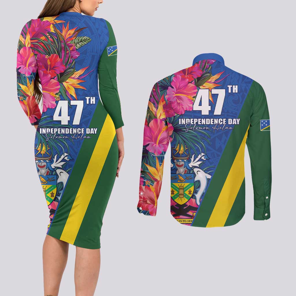 Solomon Islands Independence Day Couples Matching Long Sleeve Bodycon Dress and Long Sleeve Button Shirt Coat Of Arms With Tropical Flowers