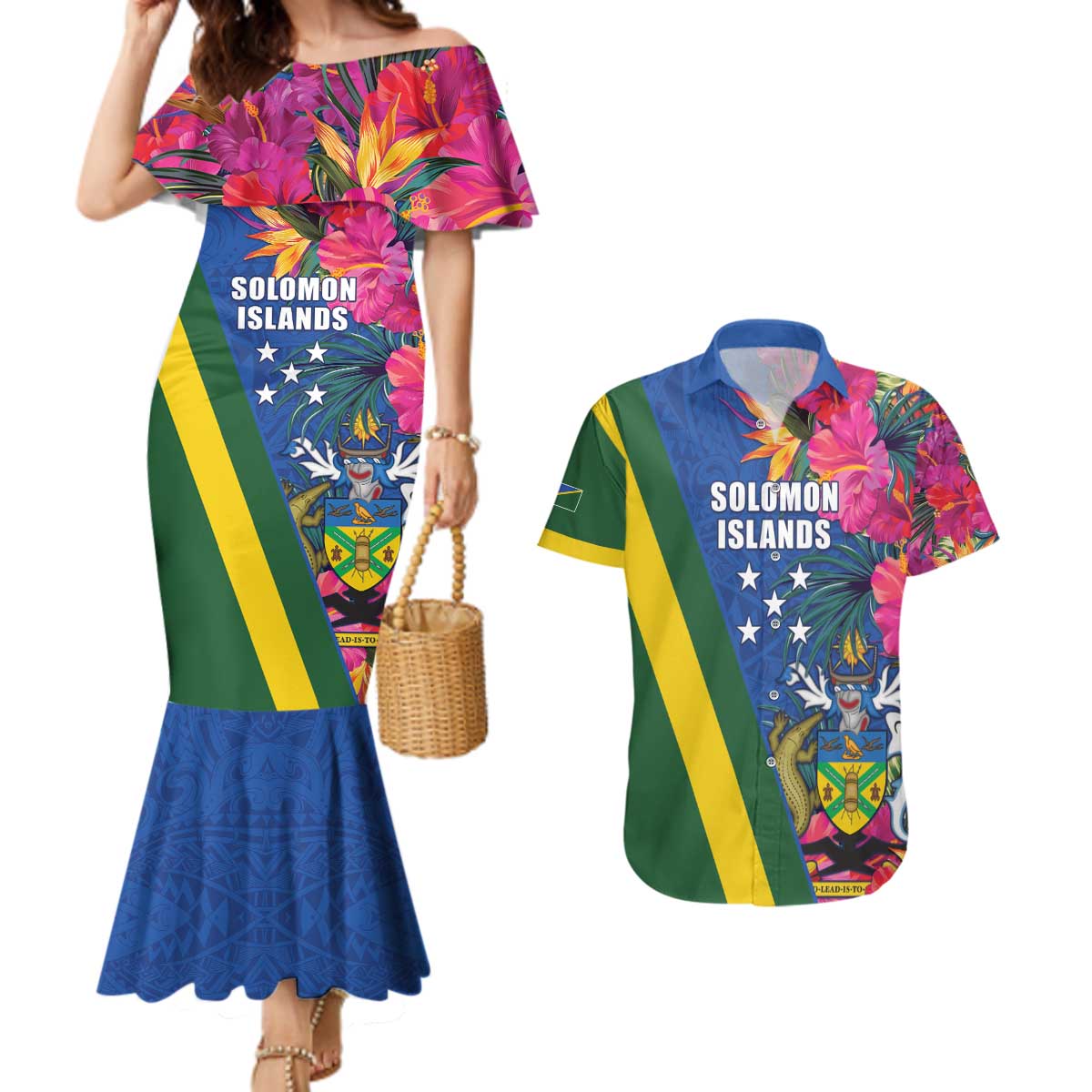 Solomon Islands Independence Day Couples Matching Mermaid Dress and Hawaiian Shirt Coat Of Arms With Tropical Flowers