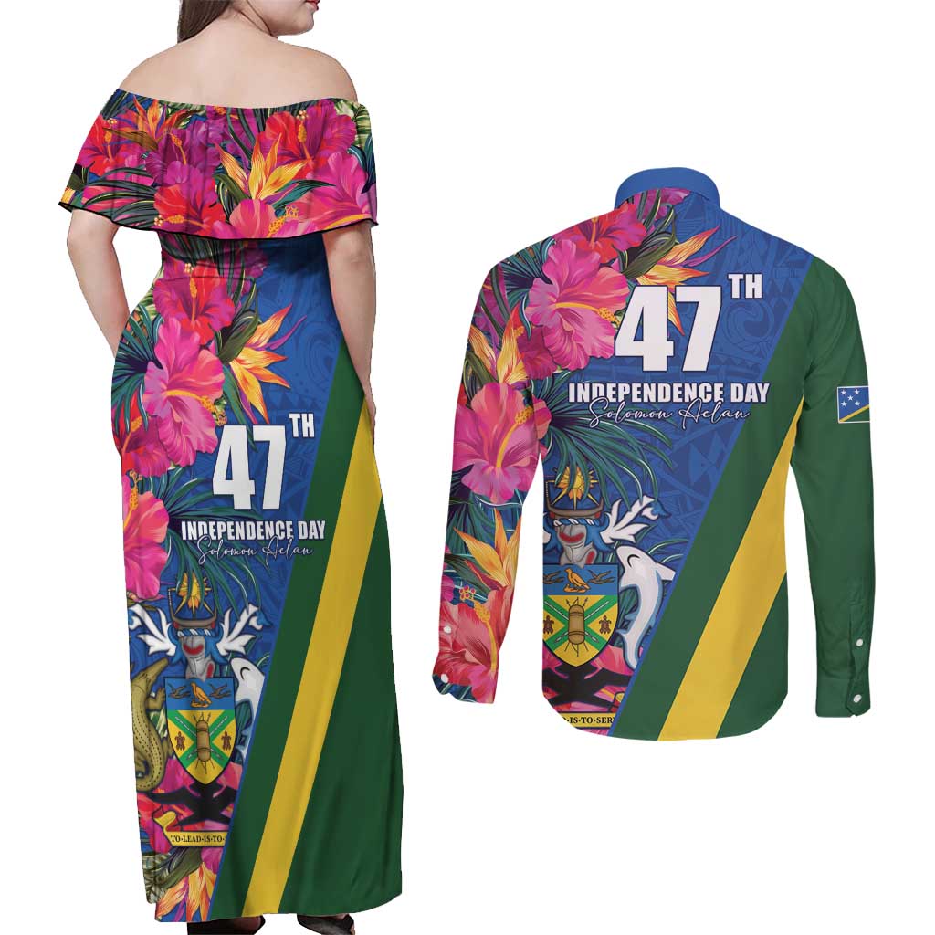 Solomon Islands Independence Day Couples Matching Off Shoulder Maxi Dress and Long Sleeve Button Shirt Coat Of Arms With Tropical Flowers