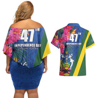 Solomon Islands Independence Day Couples Matching Off Shoulder Short Dress and Hawaiian Shirt Coat Of Arms With Tropical Flowers LT05 - Polynesian Pride