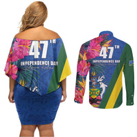 Solomon Islands Independence Day Couples Matching Off Shoulder Short Dress and Long Sleeve Button Shirt Coat Of Arms With Tropical Flowers