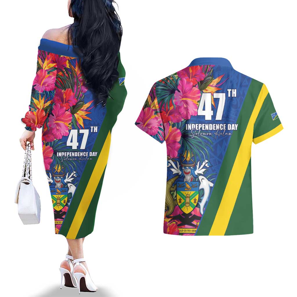 Solomon Islands Independence Day Couples Matching Off The Shoulder Long Sleeve Dress and Hawaiian Shirt Coat Of Arms With Tropical Flowers