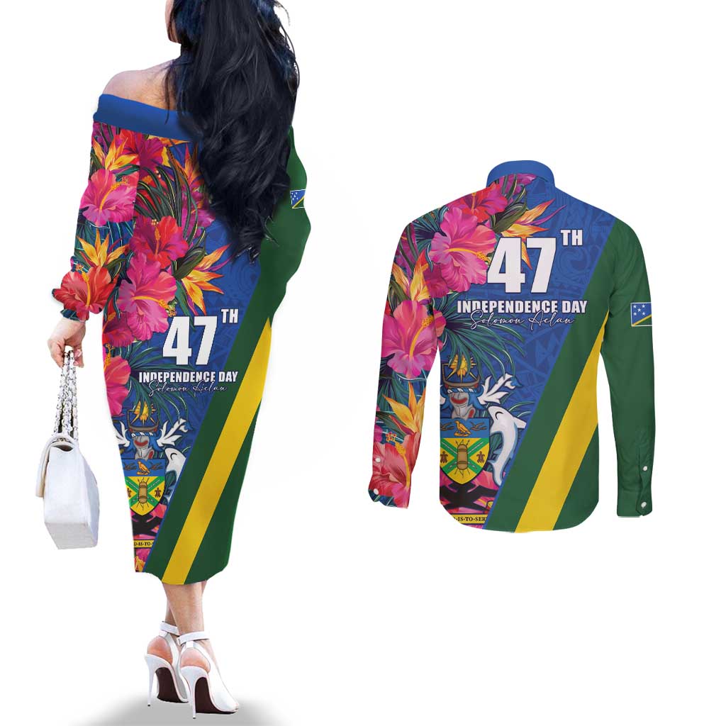 Solomon Islands Independence Day Couples Matching Off The Shoulder Long Sleeve Dress and Long Sleeve Button Shirt Coat Of Arms With Tropical Flowers