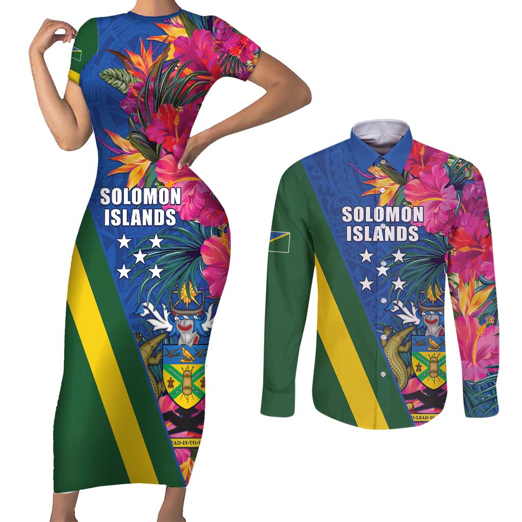 Solomon Islands Independence Day Couples Matching Short Sleeve Bodycon Dress and Long Sleeve Button Shirt Coat Of Arms With Tropical Flowers