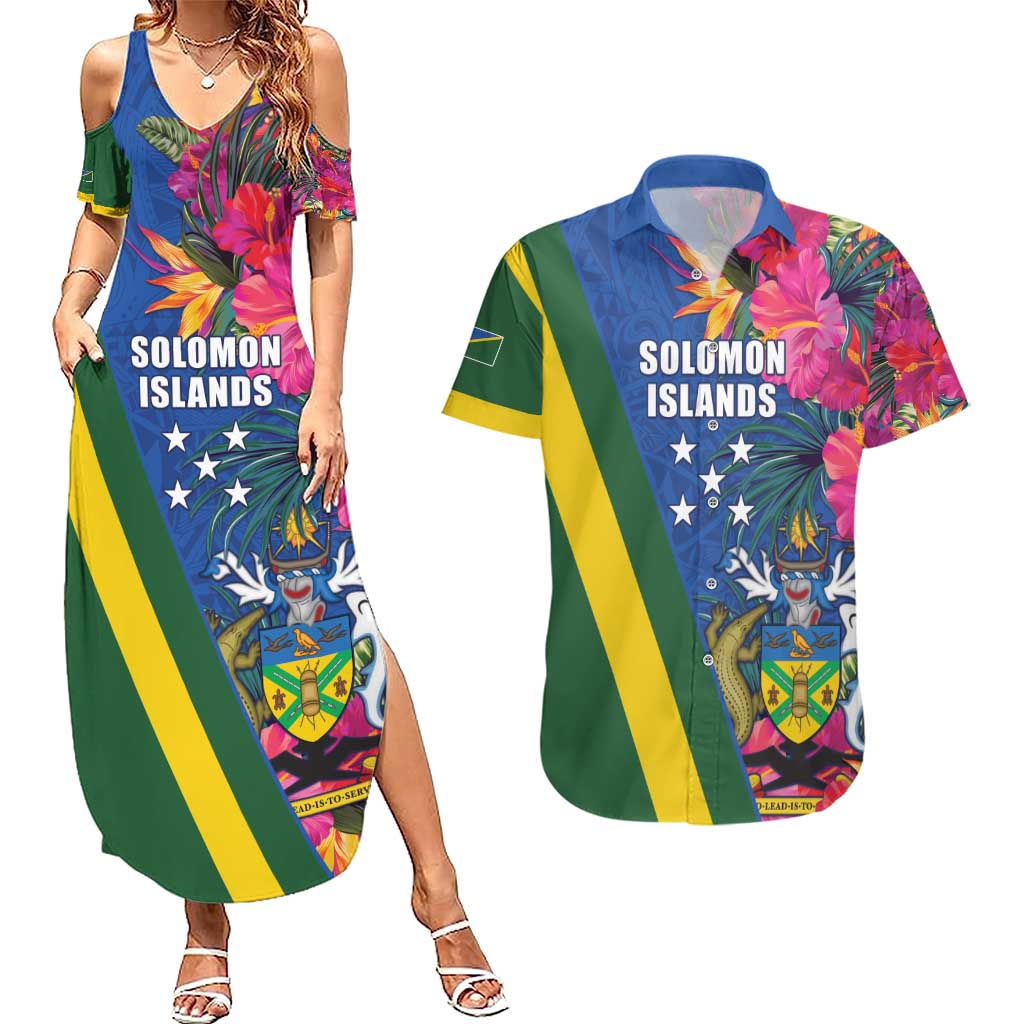 Solomon Islands Independence Day Couples Matching Summer Maxi Dress and Hawaiian Shirt Coat Of Arms With Tropical Flowers LT05 Blue - Polynesian Pride
