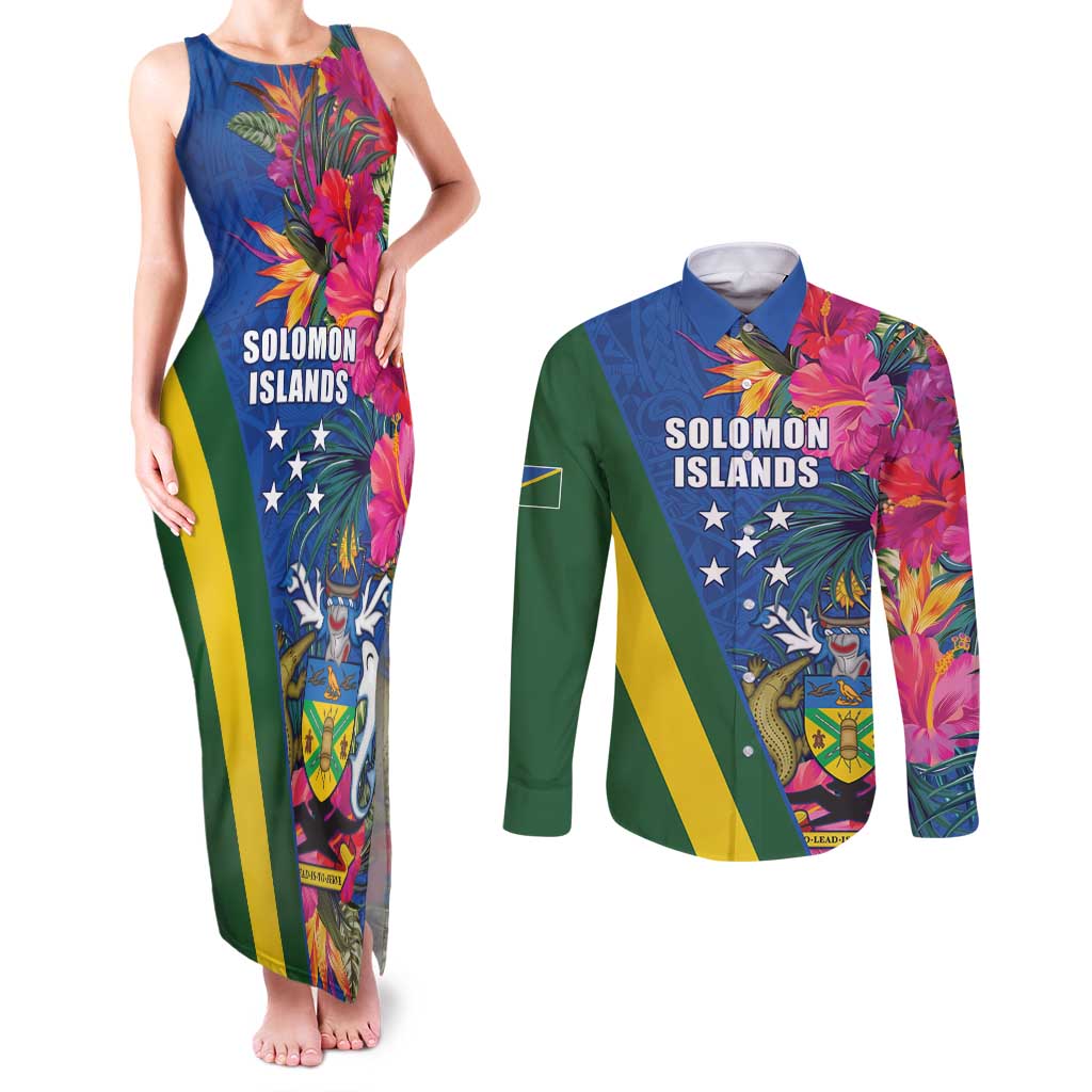 Solomon Islands Independence Day Couples Matching Tank Maxi Dress and Long Sleeve Button Shirt Coat Of Arms With Tropical Flowers