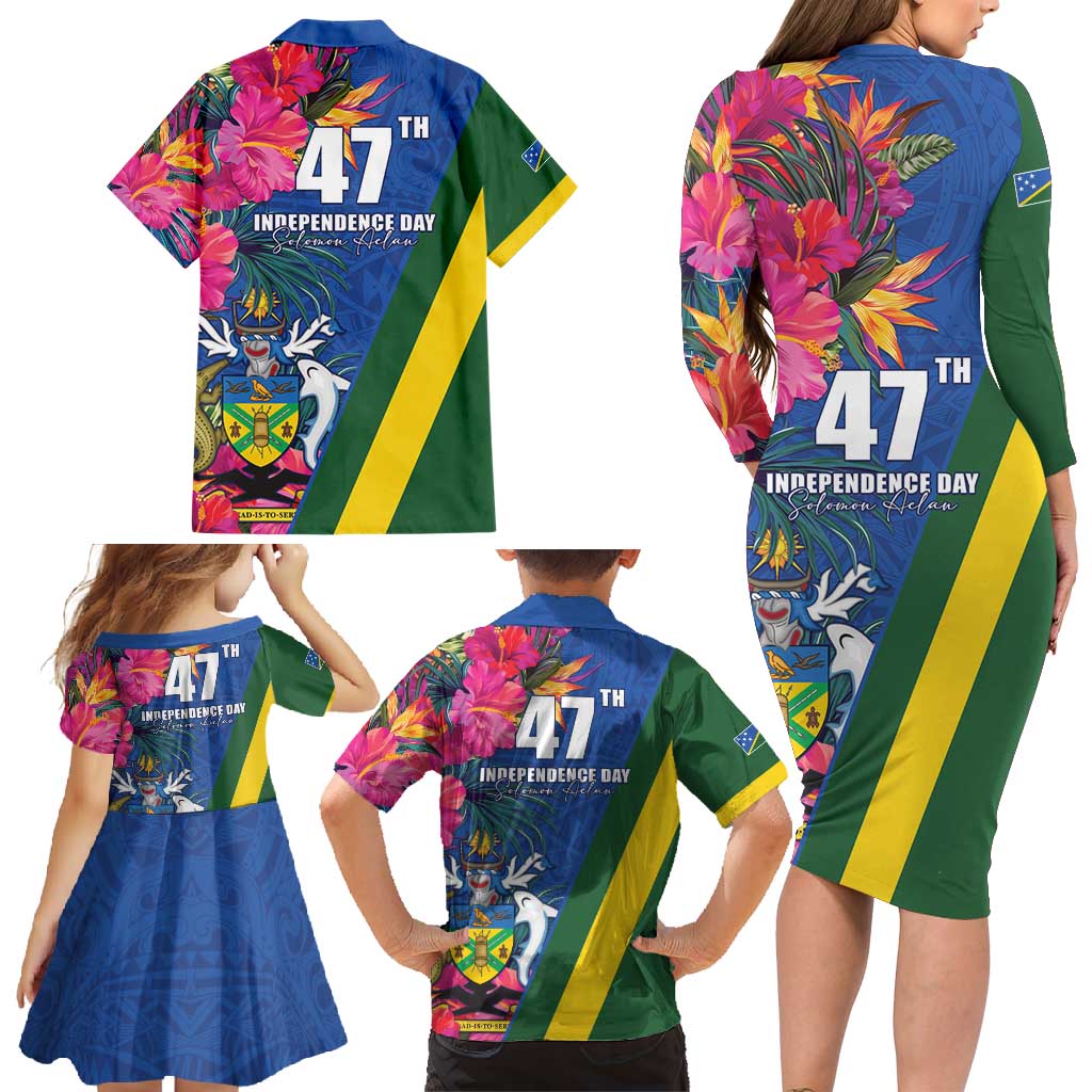 Solomon Islands Independence Day Family Matching Long Sleeve Bodycon Dress and Hawaiian Shirt Coat Of Arms With Tropical Flowers