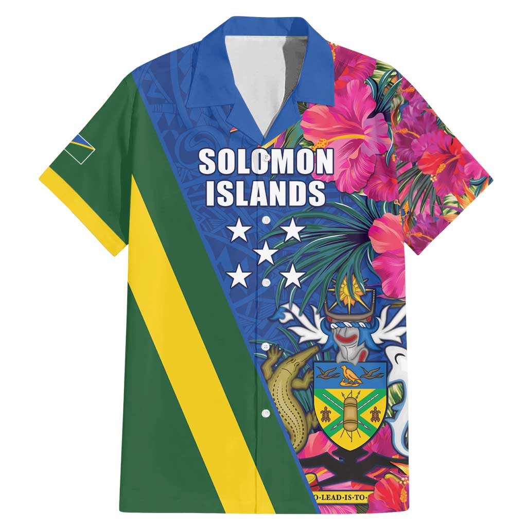 Solomon Islands Independence Day Family Matching Mermaid Dress and Hawaiian Shirt Coat Of Arms With Tropical Flowers
