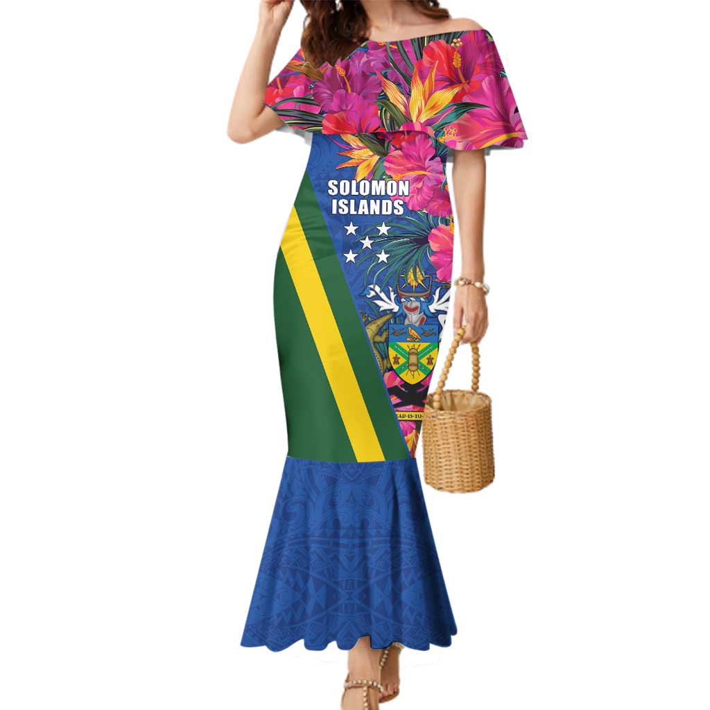 Solomon Islands Independence Day Family Matching Mermaid Dress and Hawaiian Shirt Coat Of Arms With Tropical Flowers