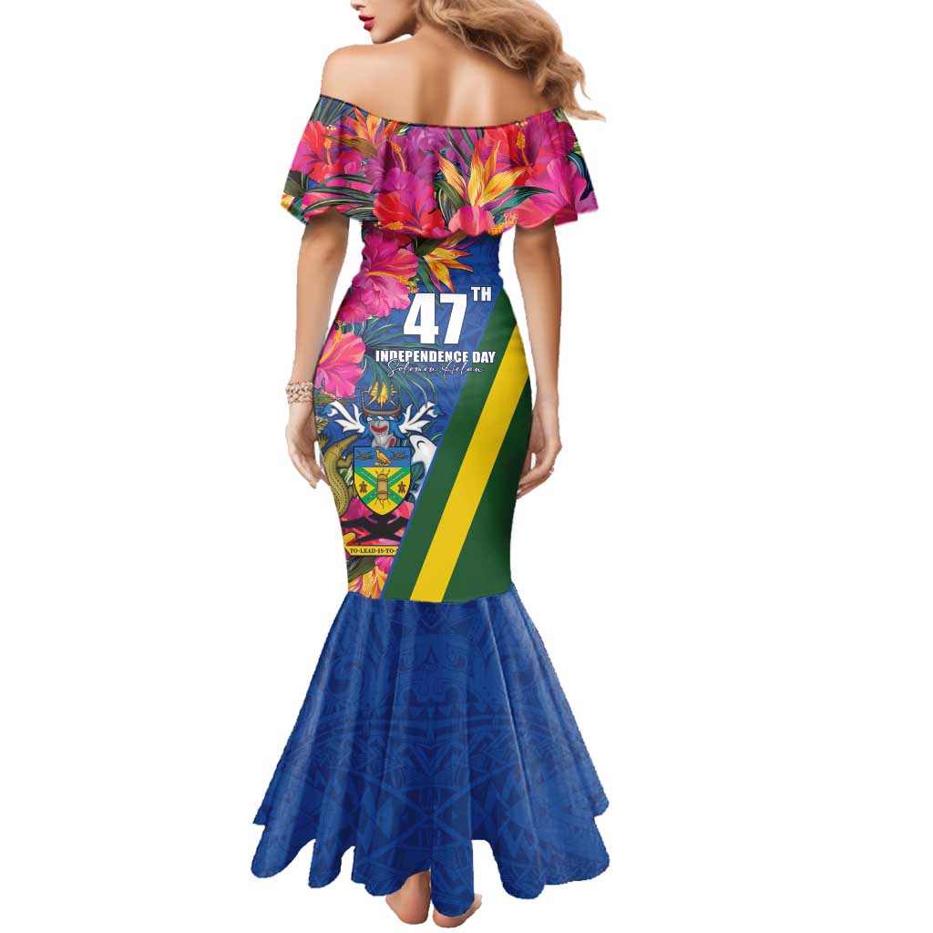 Solomon Islands Independence Day Family Matching Mermaid Dress and Hawaiian Shirt Coat Of Arms With Tropical Flowers