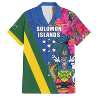 Solomon Islands Independence Day Family Matching Off The Shoulder Long Sleeve Dress and Hawaiian Shirt Coat Of Arms With Tropical Flowers