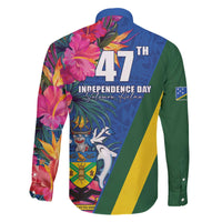 Solomon Islands Independence Day Family Matching Off The Shoulder Long Sleeve Dress and Hawaiian Shirt Coat Of Arms With Tropical Flowers