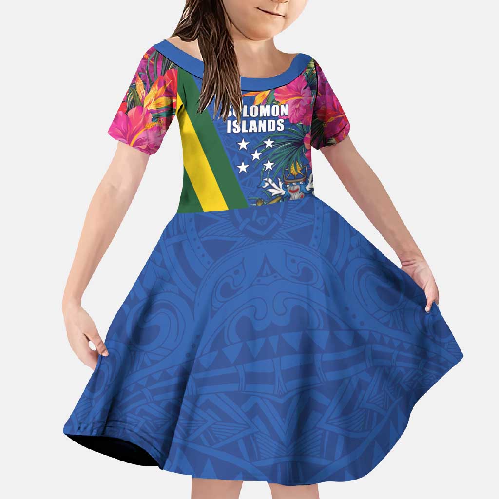 Solomon Islands Independence Day Family Matching Off Shoulder Maxi Dress and Hawaiian Shirt Coat Of Arms With Tropical Flowers LT05 Daughter's Dress Blue - Polynesian Pride