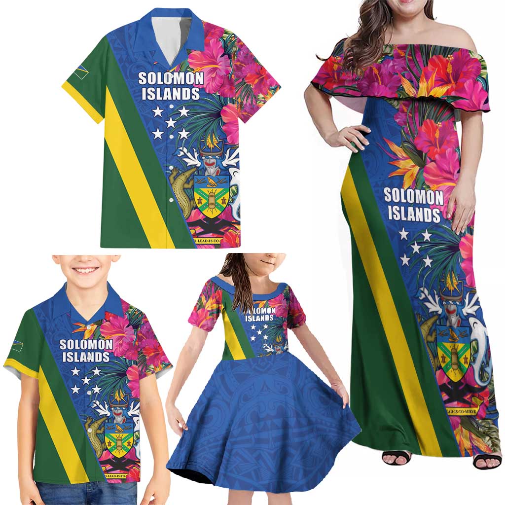 Solomon Islands Independence Day Family Matching Off Shoulder Maxi Dress and Hawaiian Shirt Coat Of Arms With Tropical Flowers