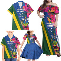 Solomon Islands Independence Day Family Matching Off Shoulder Maxi Dress and Hawaiian Shirt Coat Of Arms With Tropical Flowers LT05 - Polynesian Pride