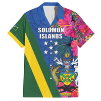 Solomon Islands Independence Day Family Matching Off Shoulder Maxi Dress and Hawaiian Shirt Coat Of Arms With Tropical Flowers LT05 Dad's Shirt - Short Sleeve Blue - Polynesian Pride