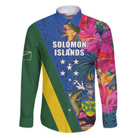 Solomon Islands Independence Day Family Matching Off Shoulder Maxi Dress and Hawaiian Shirt Coat Of Arms With Tropical Flowers LT05 Dad's Shirt - Long Sleeve Blue - Polynesian Pride