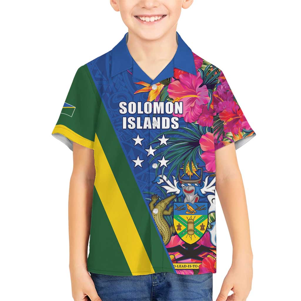 Solomon Islands Independence Day Family Matching Off Shoulder Maxi Dress and Hawaiian Shirt Coat Of Arms With Tropical Flowers LT05 Son's Shirt Blue - Polynesian Pride