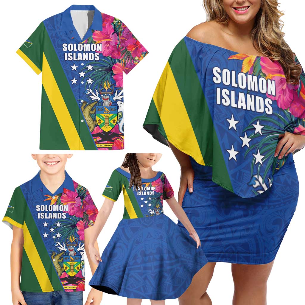 Solomon Islands Independence Day Family Matching Off Shoulder Short Dress and Hawaiian Shirt Coat Of Arms With Tropical Flowers LT05 - Polynesian Pride