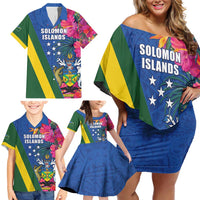 Solomon Islands Independence Day Family Matching Off Shoulder Short Dress and Hawaiian Shirt Coat Of Arms With Tropical Flowers LT05 - Polynesian Pride