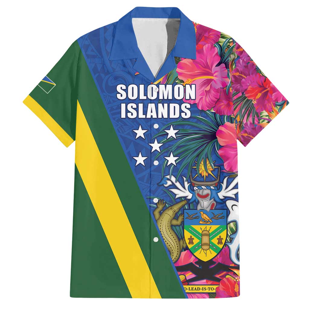 Solomon Islands Independence Day Family Matching Off Shoulder Short Dress and Hawaiian Shirt Coat Of Arms With Tropical Flowers LT05 Dad's Shirt - Short Sleeve Blue - Polynesian Pride