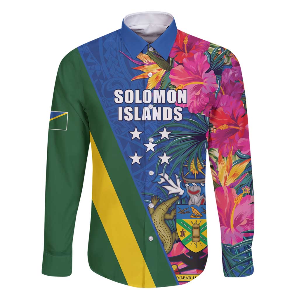 Solomon Islands Independence Day Family Matching Off Shoulder Short Dress and Hawaiian Shirt Coat Of Arms With Tropical Flowers LT05 Dad's Shirt - Long Sleeve Blue - Polynesian Pride
