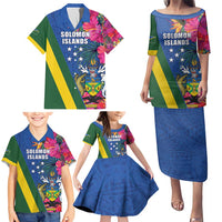 Solomon Islands Independence Day Family Matching Puletasi and Hawaiian Shirt Coat Of Arms With Tropical Flowers