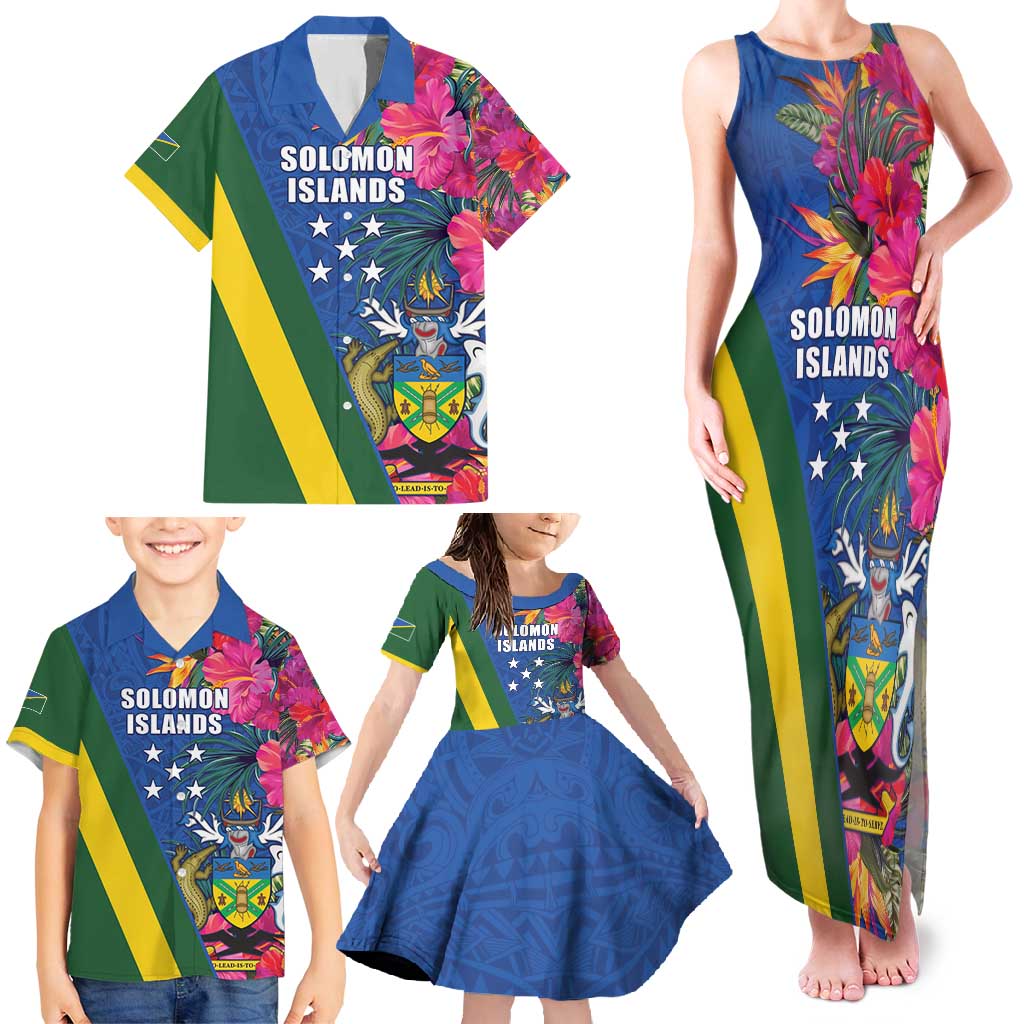 Solomon Islands Independence Day Family Matching Tank Maxi Dress and Hawaiian Shirt Coat Of Arms With Tropical Flowers