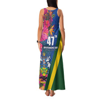 Solomon Islands Independence Day Family Matching Tank Maxi Dress and Hawaiian Shirt Coat Of Arms With Tropical Flowers