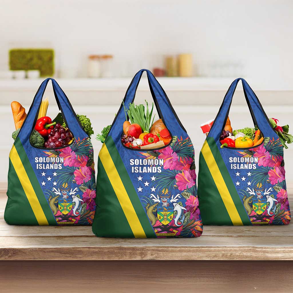 Solomon Islands Independence Day Grocery Bag Coat Of Arms With Tropical Flowers