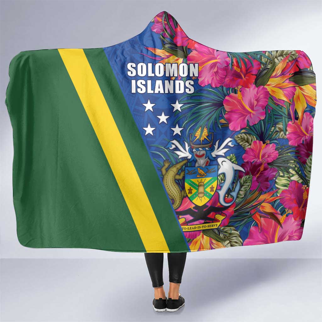 Solomon Islands Independence Day Hooded Blanket Coat Of Arms With Tropical Flowers