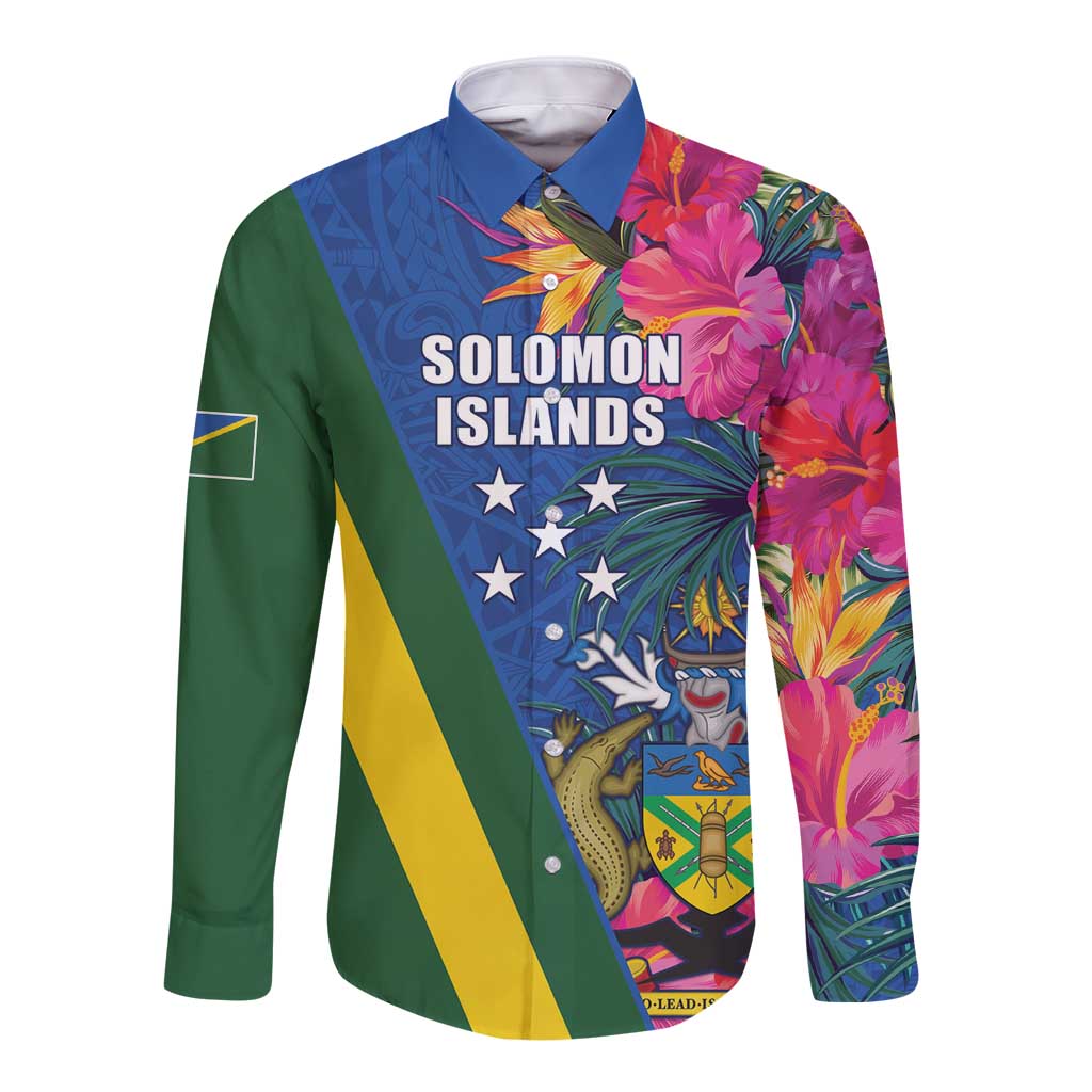 Solomon Islands Independence Day Long Sleeve Button Shirt Coat Of Arms With Tropical Flowers