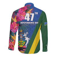 Solomon Islands Independence Day Long Sleeve Button Shirt Coat Of Arms With Tropical Flowers