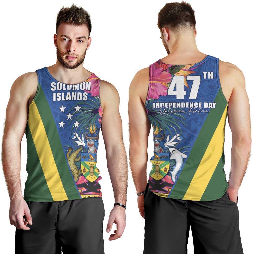 Solomon Islands Independence Day Men Tank Top Coat Of Arms With Tropical Flowers