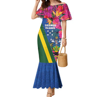 Solomon Islands Independence Day Mermaid Dress Coat Of Arms With Tropical Flowers