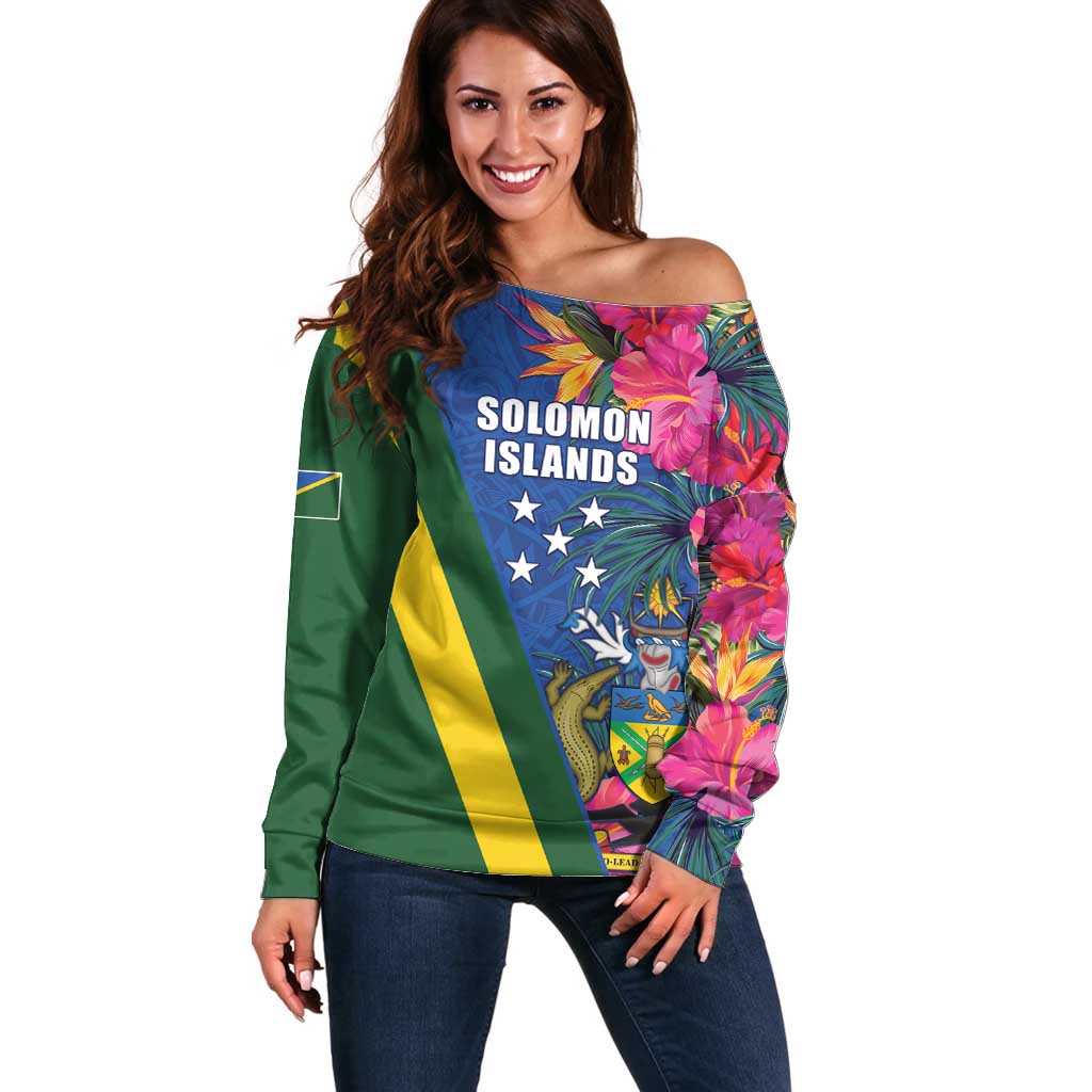 Solomon Islands Independence Day Off Shoulder Sweater Coat Of Arms With Tropical Flowers