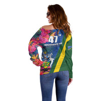 Solomon Islands Independence Day Off Shoulder Sweater Coat Of Arms With Tropical Flowers