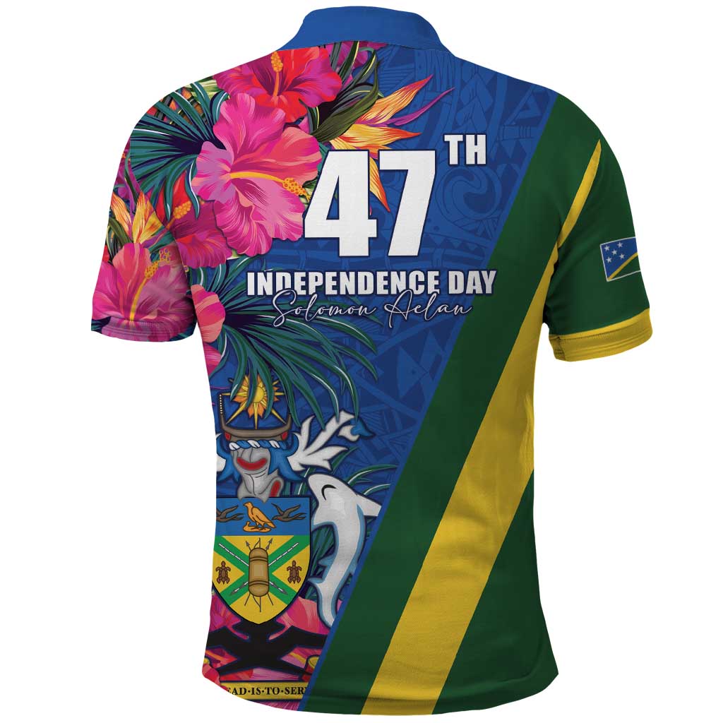 Solomon Islands Independence Day Polo Shirt Coat Of Arms With Tropical Flowers