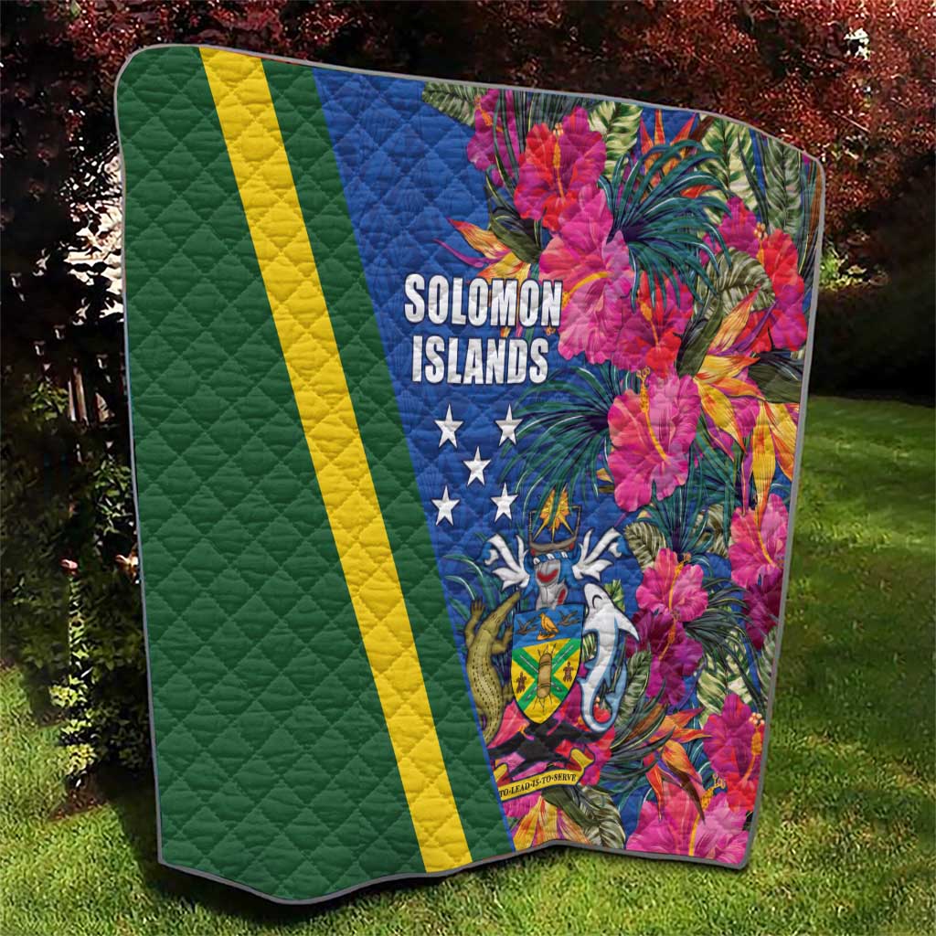 Solomon Islands Independence Day Quilt Coat Of Arms With Tropical Flowers