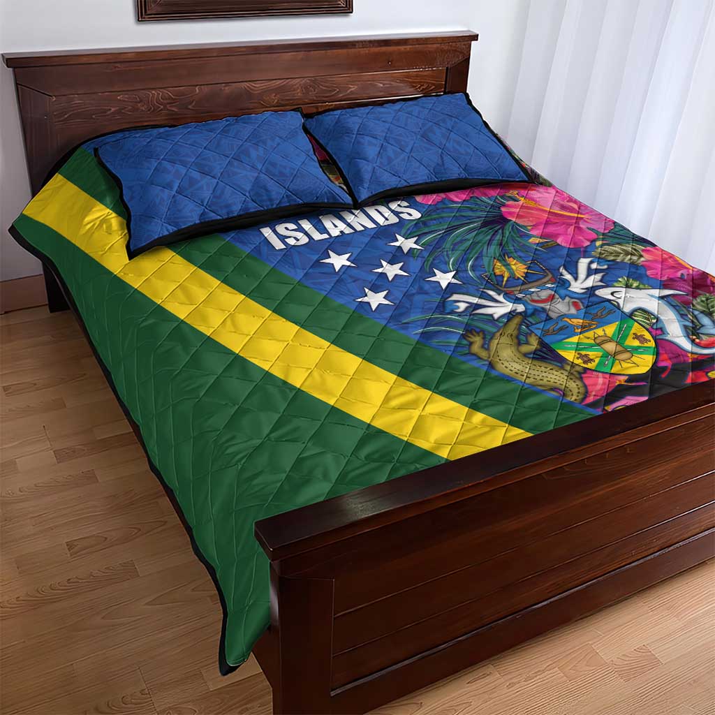 Solomon Islands Independence Day Quilt Bed Set Coat Of Arms With Tropical Flowers