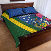 Solomon Islands Independence Day Quilt Bed Set Coat Of Arms With Tropical Flowers