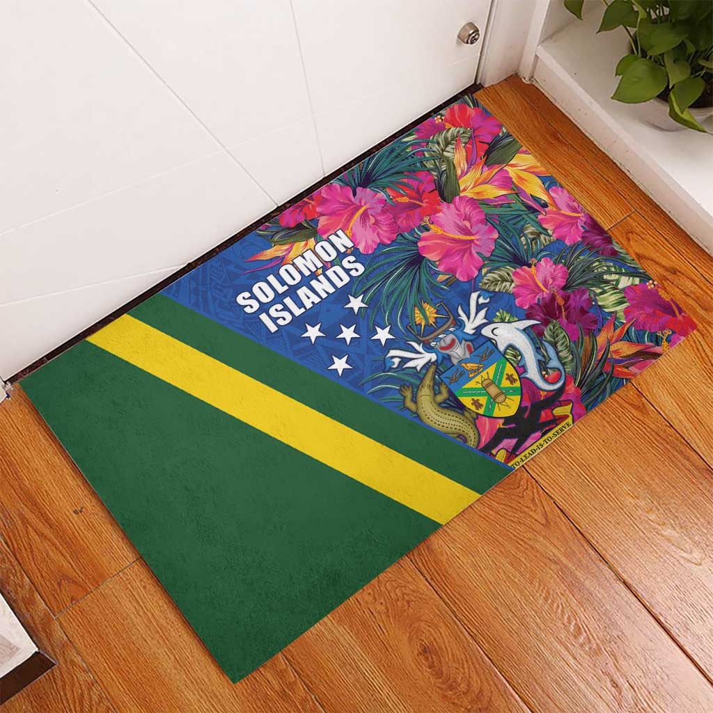 Solomon Islands Independence Day Rubber Doormat Coat Of Arms With Tropical Flowers